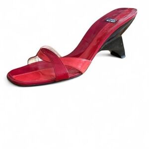 Stuart Weitzman Red Leather Heels Square Toe Criss Cross Slip On Dress Shoes